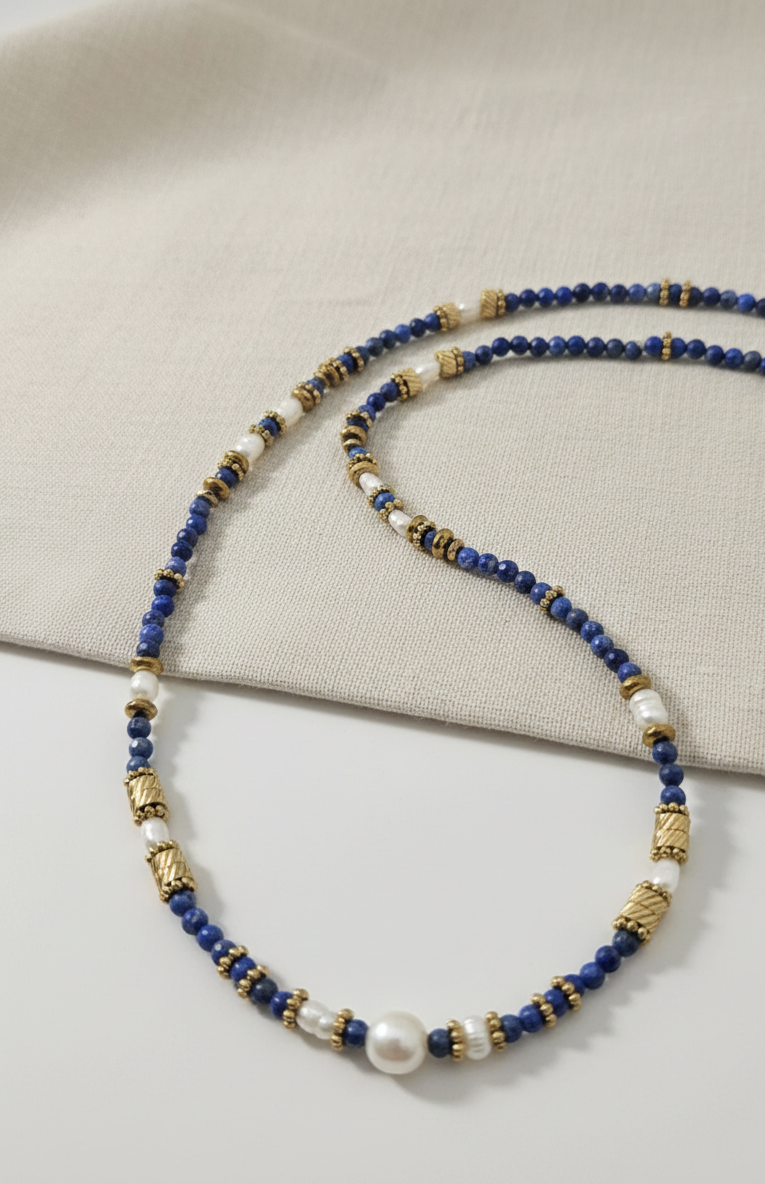 Collier 10 perles Lapis Lazuli du Pakistan Qualité 5A 8 mm chaîne inox Collier 10 perles Lapis Lazuli du Pakistan Qualité 5A 8 mm chaîne inox